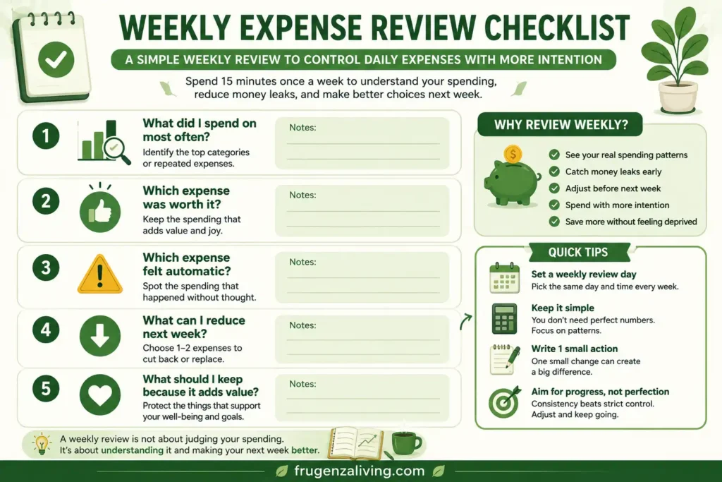 Checklist infographic showing weekly expense review questions to control daily spending and reduce money leaks