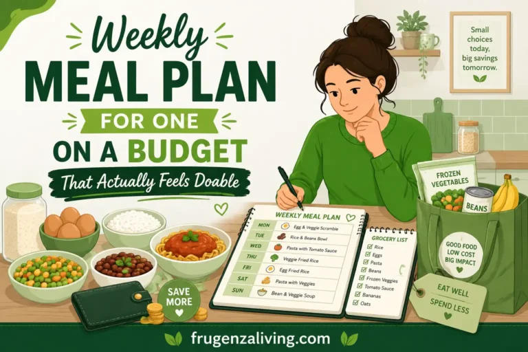 2D illustration of a weekly meal plan for one on a budget with a grocery list, simple meals, and affordable ingredients