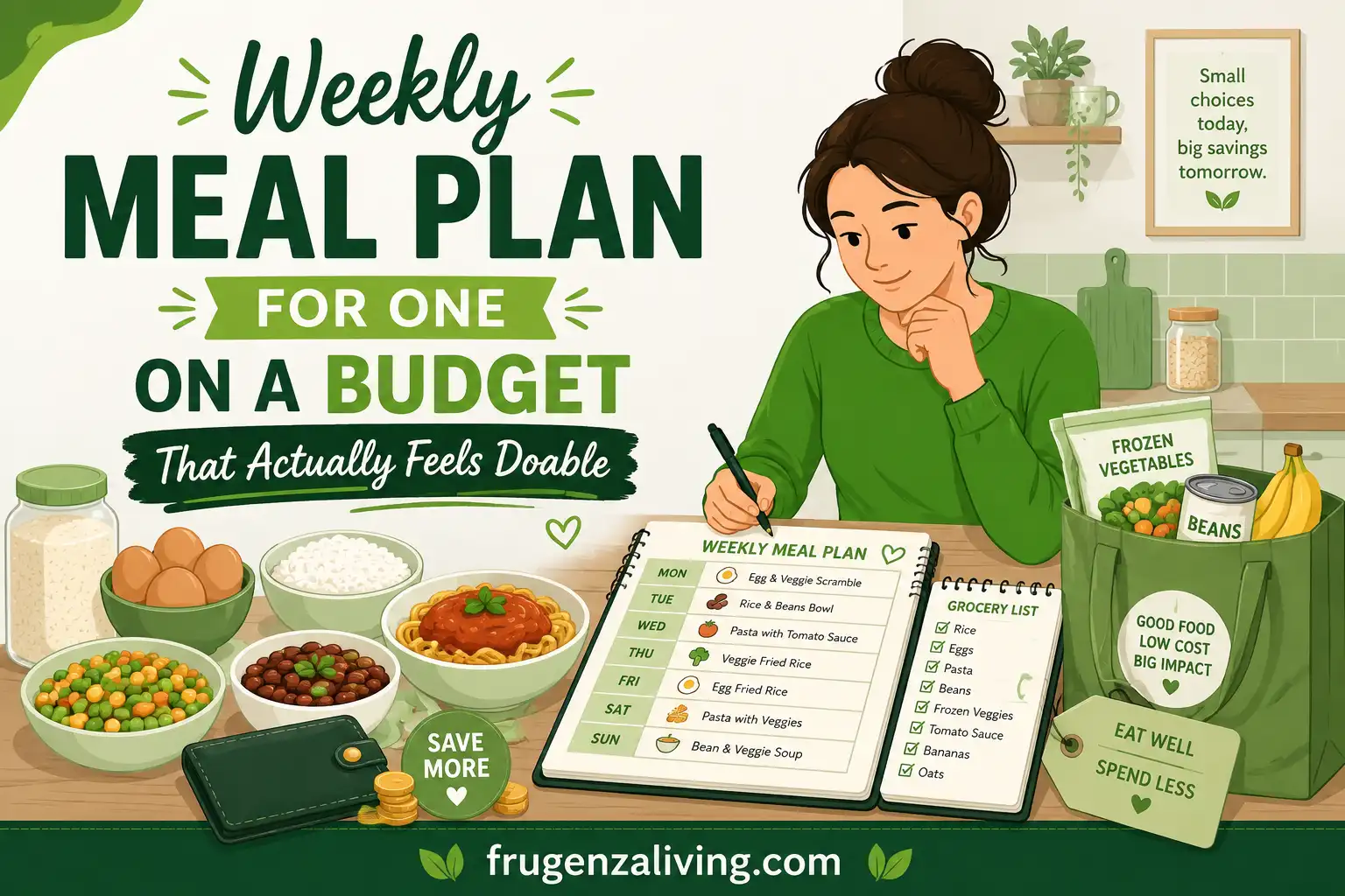 2D illustration of a weekly meal plan for one on a budget with a grocery list, simple meals, and affordable ingredients