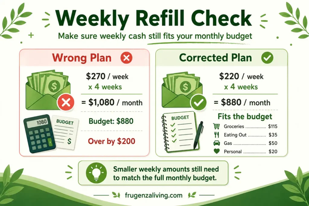 Weekly cash envelope refill example comparing a wrong plan of 270 dollars per week with a corrected 220 dollars per week budget