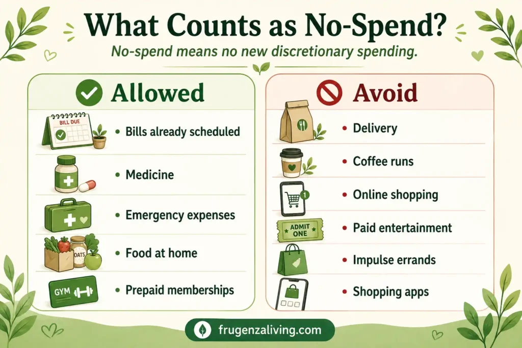 Infographic explaining what counts as no-spend with allowed spending like bills, medicine, emergency expenses, food at home, and prepaid memberships, plus spending to avoid like delivery, coffee runs, online shopping, paid entertainment, impulse errands, and shopping apps