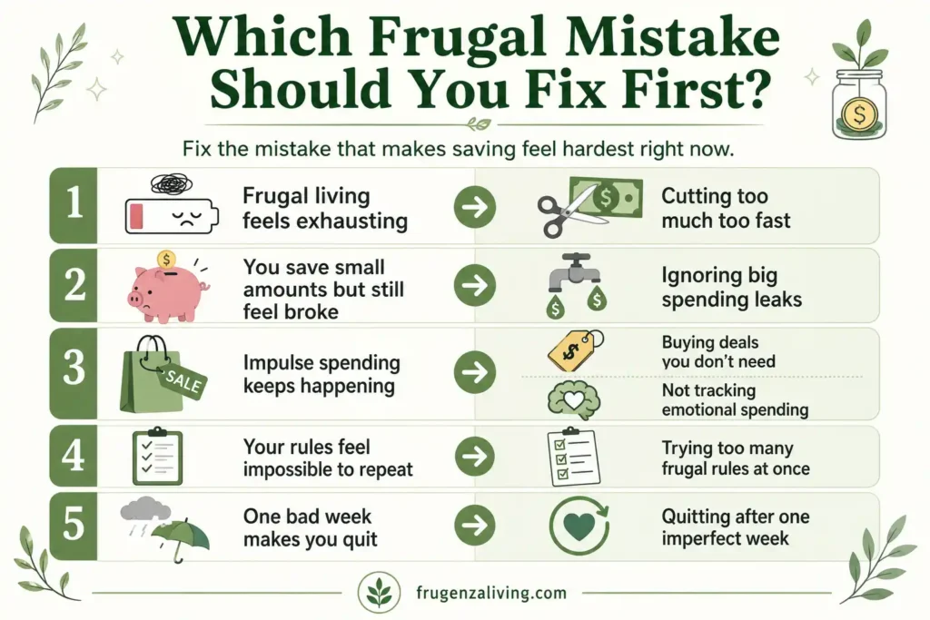 Frugal living mistake diagnosis infographic helping beginners choose whether to fix cutting too much, ignoring big spending leaks, impulse spending, too many rules, or quitting too soon