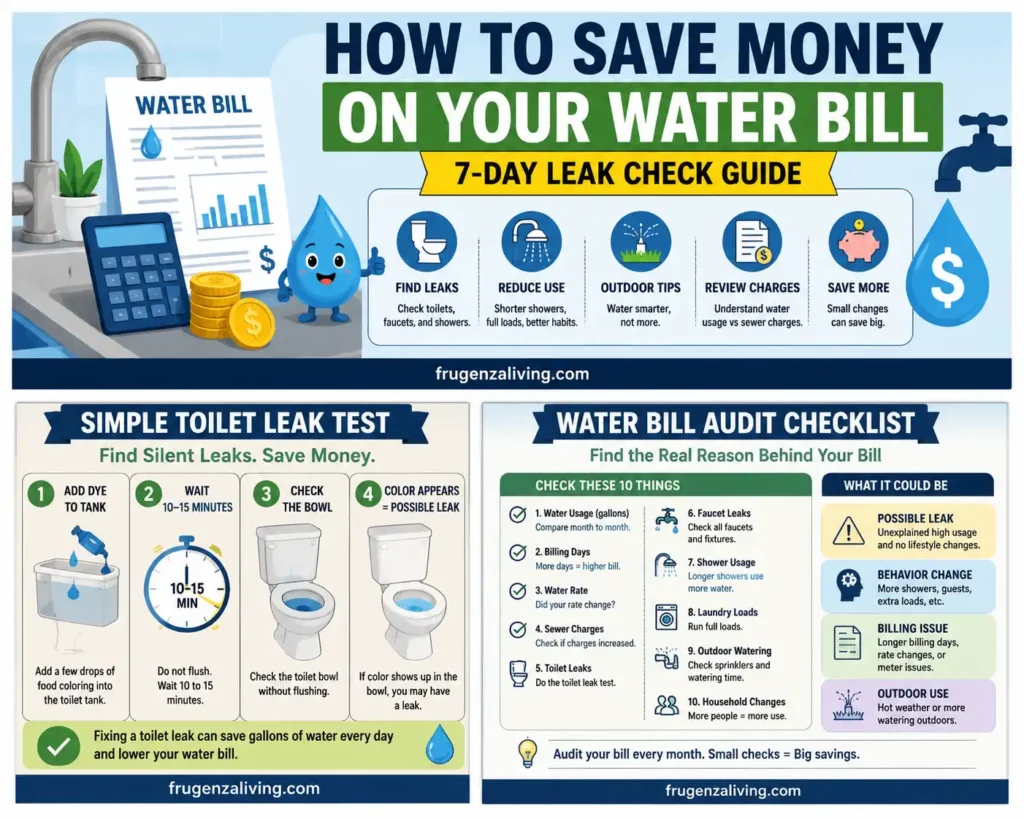 Diagnostic infographic showing reasons why a water bill may be suddenly high including toilet leaks, faucet leaks, outdoor watering, guests, sewer charges, billing cycle, and meter reading issues
