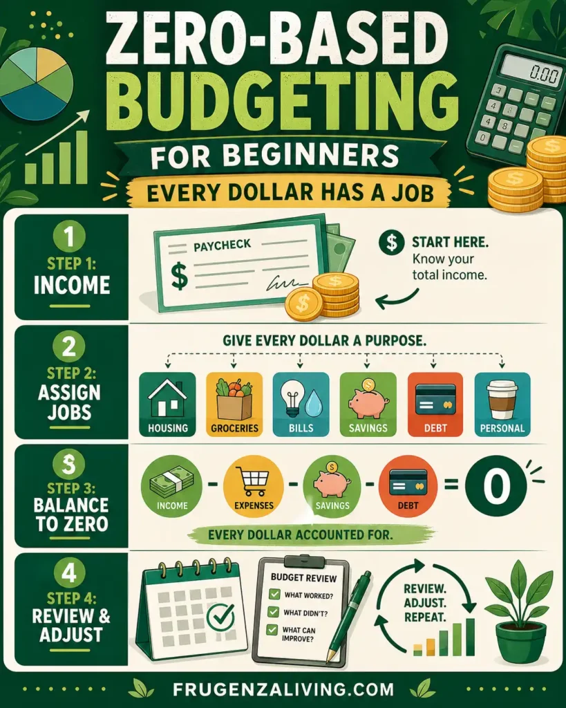 zero-based budgeting for beginners infographic showing income assign jobs balance to zero and review