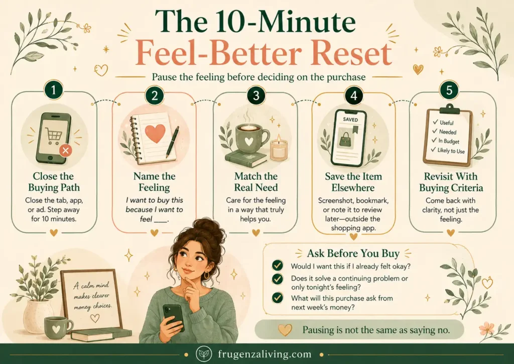 Five-step Feel-Better Reset for pausing emotional spending before a purchase