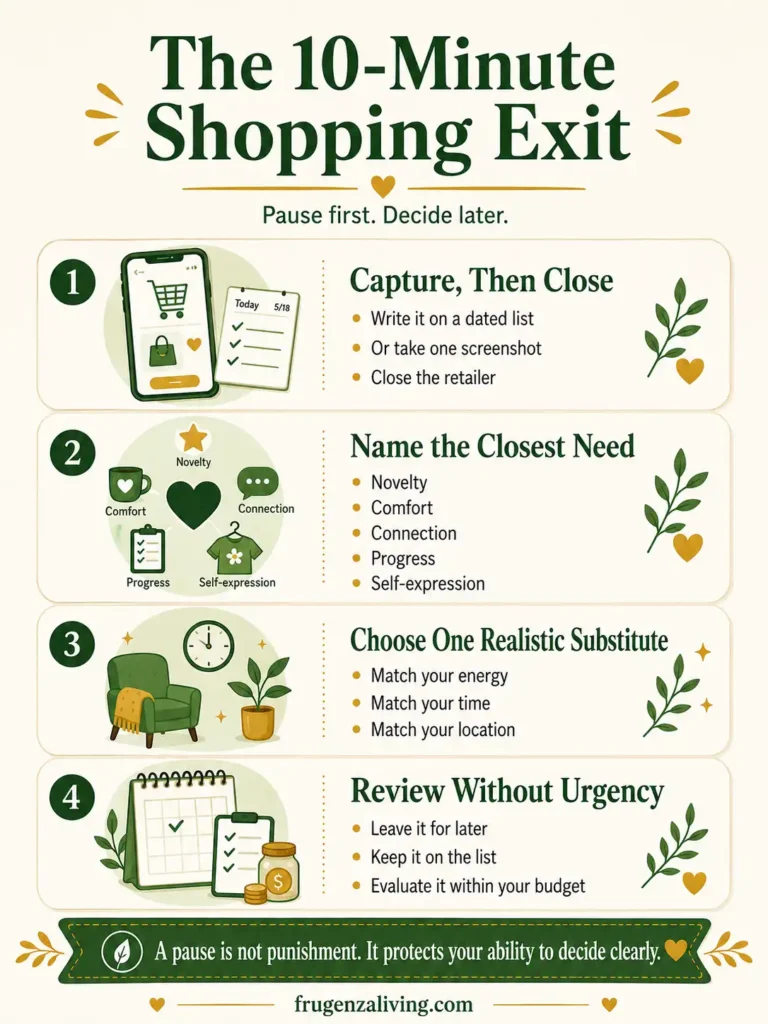 Four-step 10-minute shopping exit showing how to save the item, close the retailer, identify the need, choose a free substitute, and review the purchase later