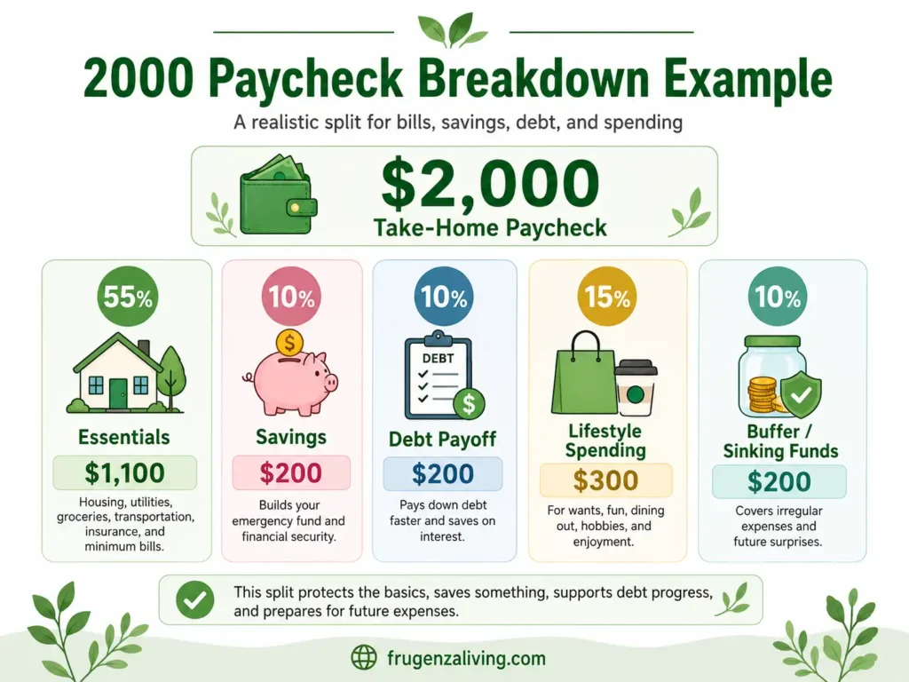 Infographic showing a $2,000 paycheck breakdown with 55% essentials, 10% savings, 10% debt payoff, 15% lifestyle spending, and 10% buffer or sinking funds