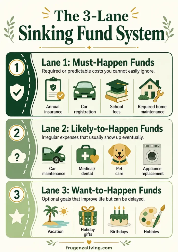 Infographic showing the 3-Lane Sinking Fund System with must-happen funds, likely-to-happen funds, and want-to-happen funds for organizing sinking fund categories