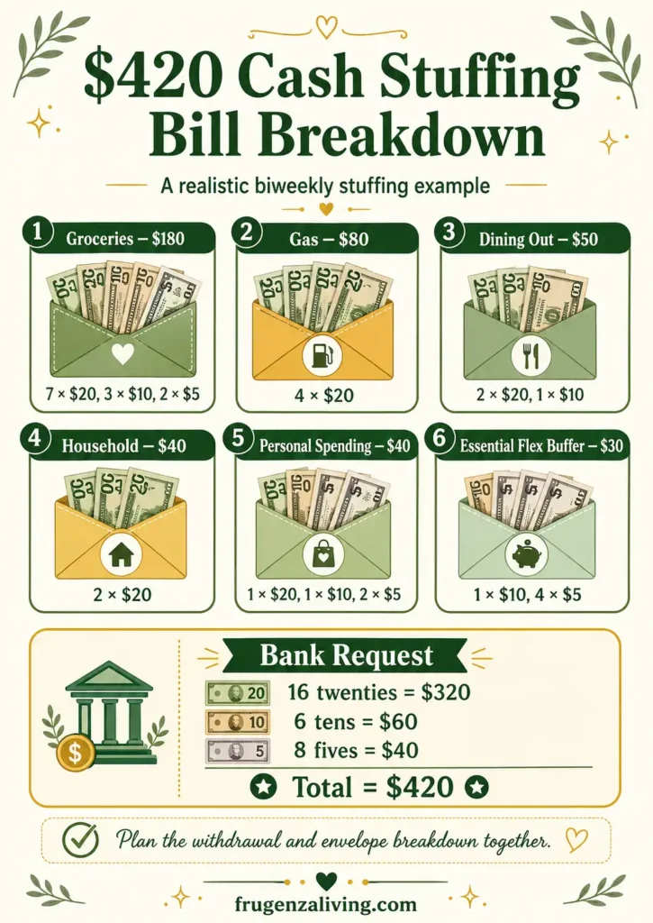 Cash stuffing bill breakdown showing how 420 dollars is divided among groceries, gas, dining out, household, personal spending, and an essential flex buffer