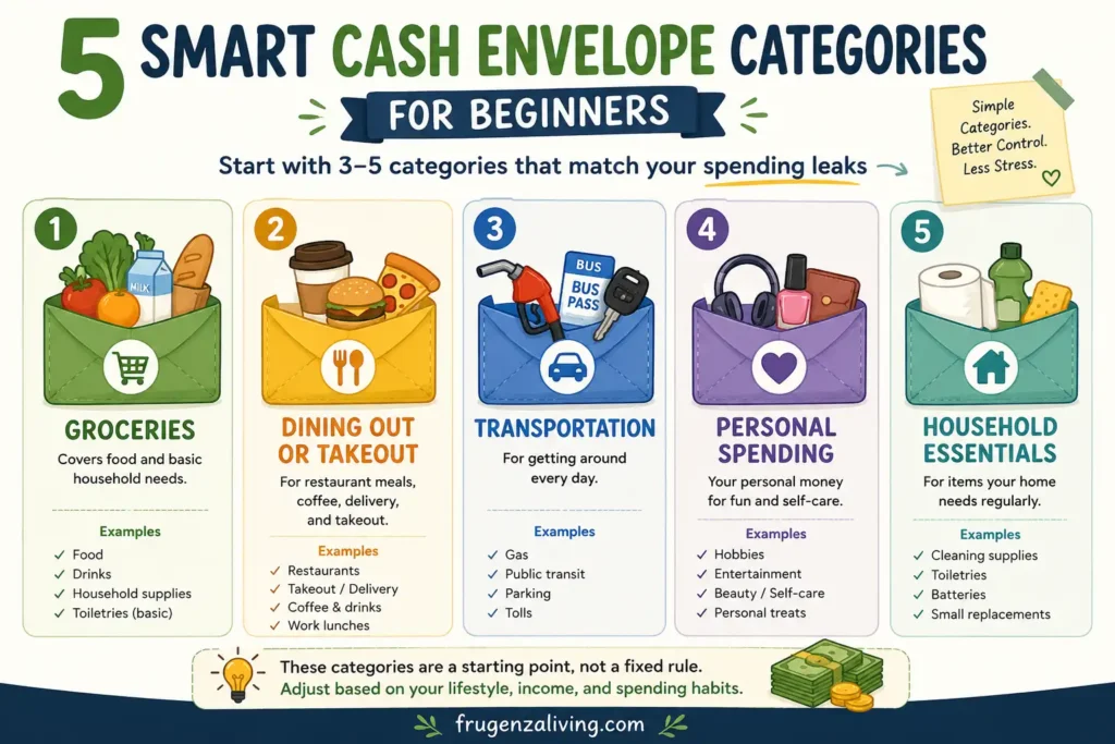Infographic showing five smart cash envelope categories for beginners including groceries, dining out, transportation, personal spending, and household essentials