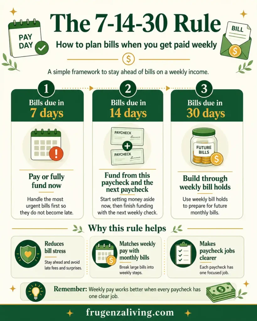 Infographic explaining the 7-14-30 rule for planning bills when paid weekly, including bills due in 7 days, 14 days, and 30 days