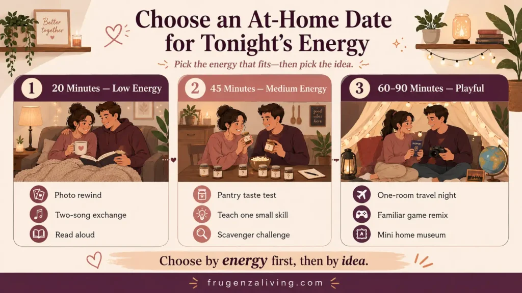 At-home date selector with low-energy, medium-energy, and playful ideas for 20, 45, and 60 to 90 minutes
