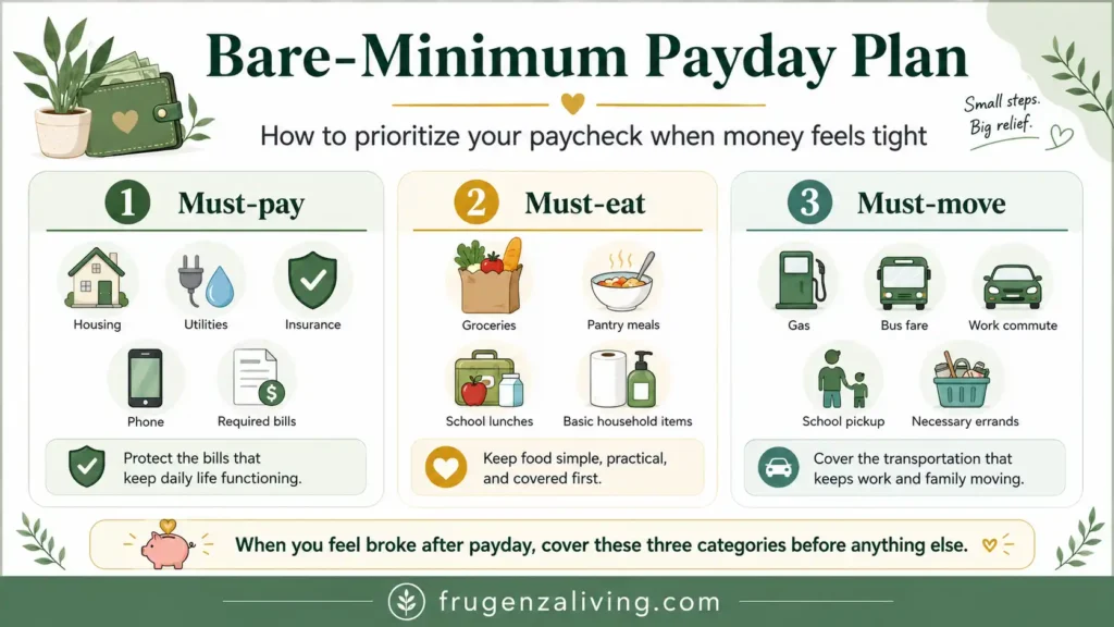 Bare-minimum payday plan infographic showing must-pay, must-eat, and must-move categories for budgeting when money feels tight