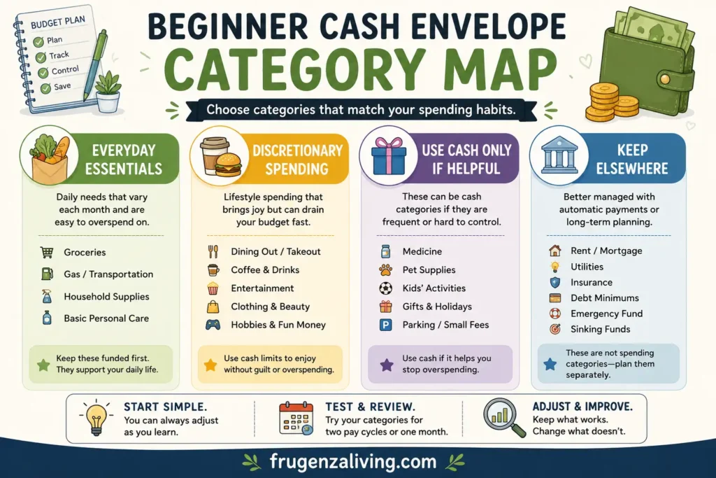 Infographic showing a beginner cash envelope category map with everyday essentials, discretionary spending, cash-if-helpful categories, and expenses to keep outside physical envelopes