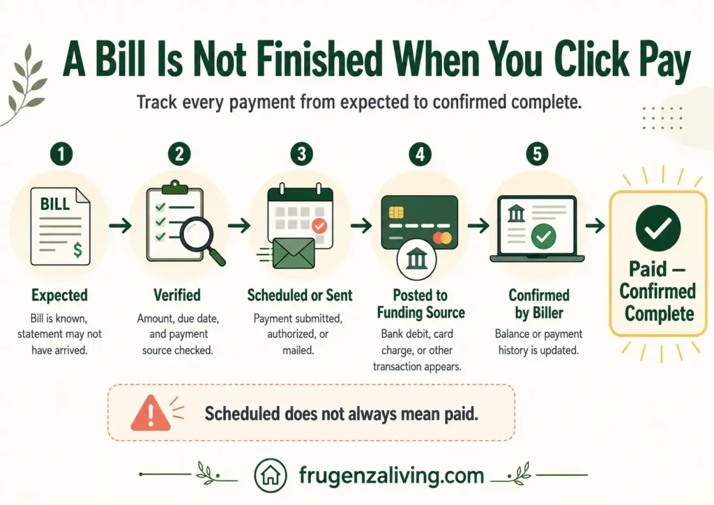 Bill payment status showing expected, verified, scheduled, posted, and confirmed stages