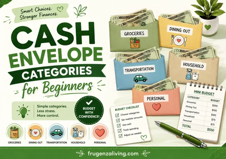 Illustration of cash envelope categories for beginners with groceries, dining out, transportation, household, and personal spending envelopes for simple budgeting