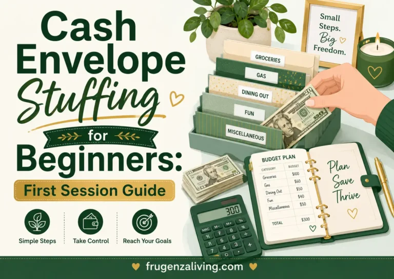 Illustration of cash envelope stuffing for beginners with labeled envelopes, cash, a budget planner, and a calculator for a first stuffing session