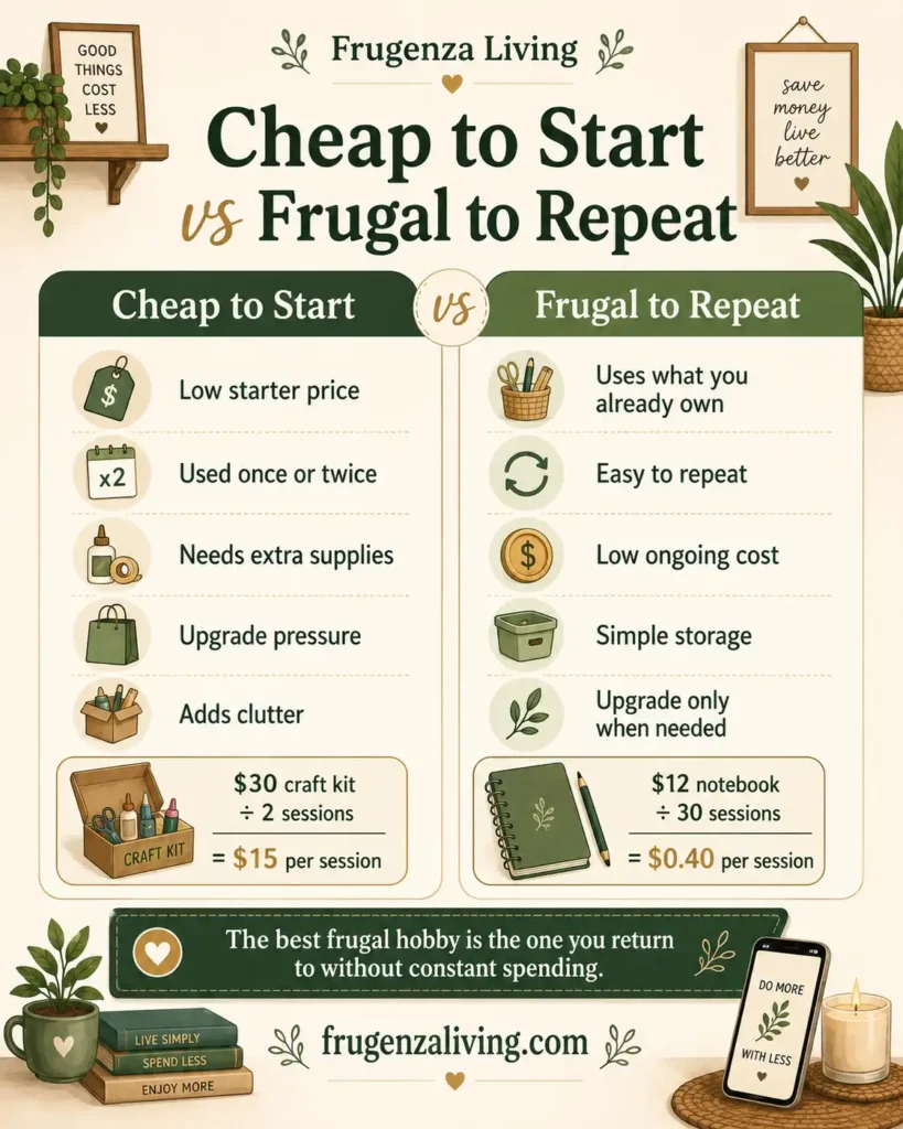Infographic comparing a cheap hobby starter kit with a repeatable frugal hobby based on ongoing cost, supplies, storage, upgrades, and cost per session