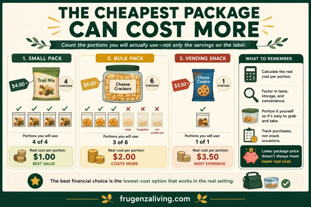 Comparison of small, bulk, and vending machine snack costs based on portions actually used