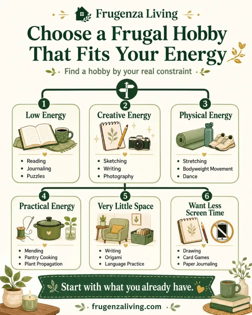 Decision guide for choosing a frugal hobby based on low energy, creative energy, physical energy, practical energy, limited space, or less screen time