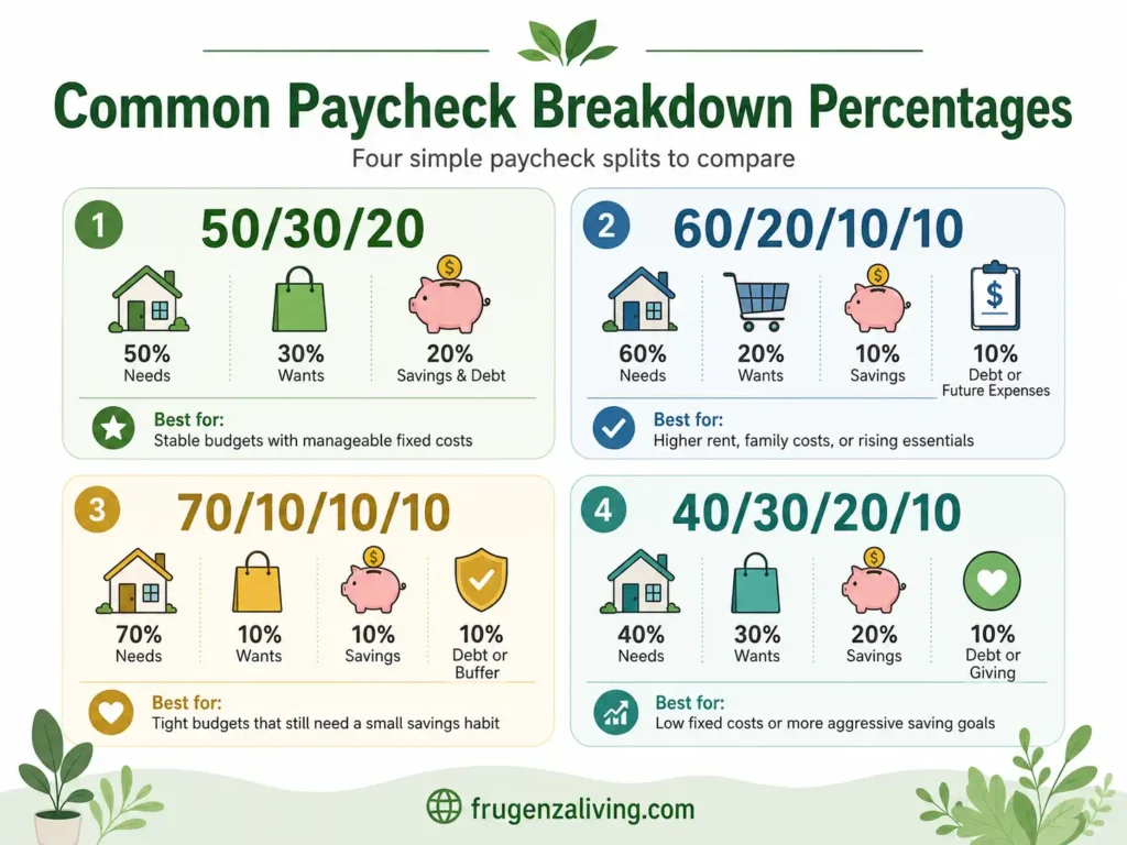 Infographic comparing common paycheck breakdown percentages including 50/30/20, 60/20/10/10, 70/10/10/10, and 40/30/20/10