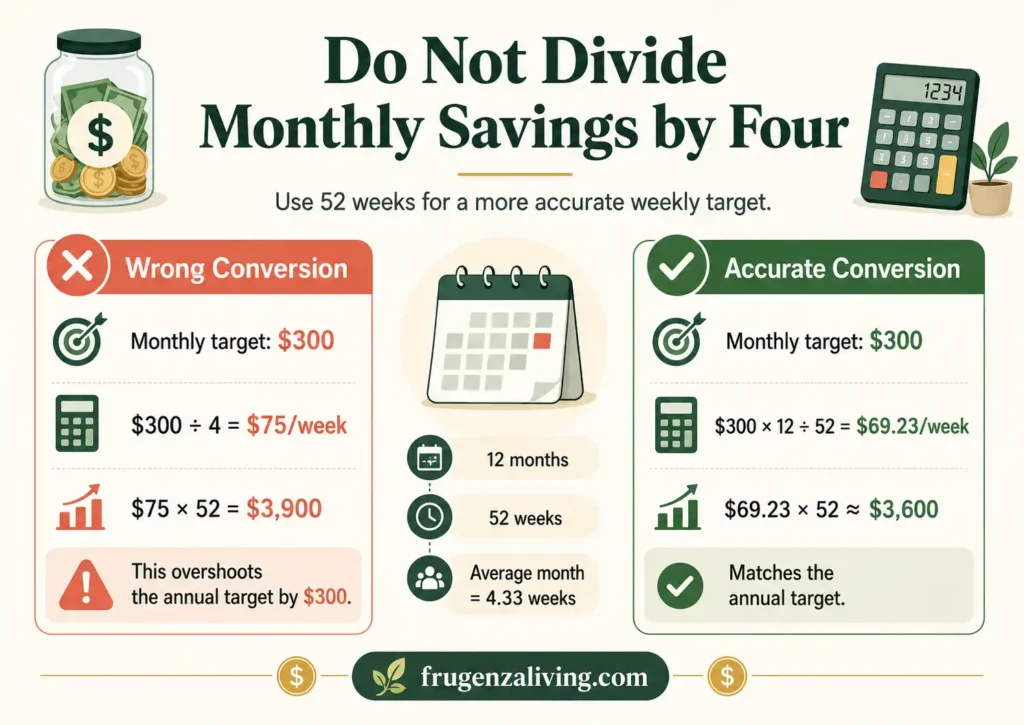 Correct weekly savings calculation for a 300 dollar monthly target