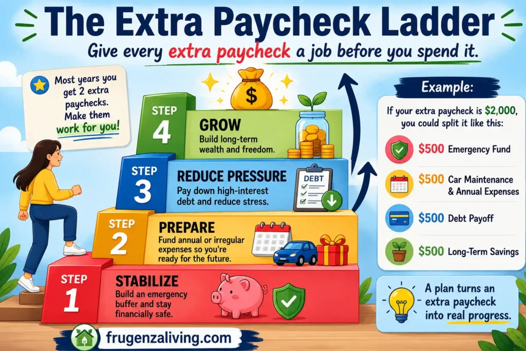 Extra paycheck ladder infographic showing how to use a 3 paycheck month for emergency savings, annual expenses, debt payoff, and long-term savings