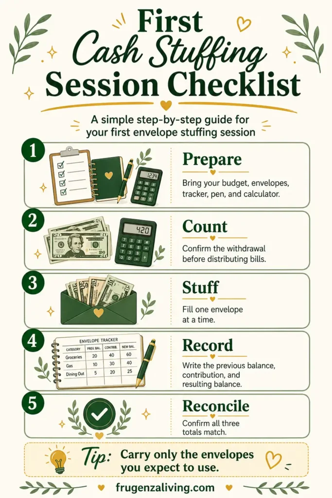 Step-by-step first cash stuffing session checklist covering preparation, counting cash, stuffing envelopes, recording balances, and reconciling totals