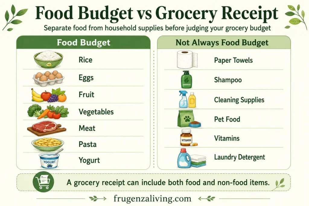 Infographic comparing food budget vs grocery receipt with food items like rice, eggs, fruit, vegetables, meat, pasta, and yogurt separated from household supplies