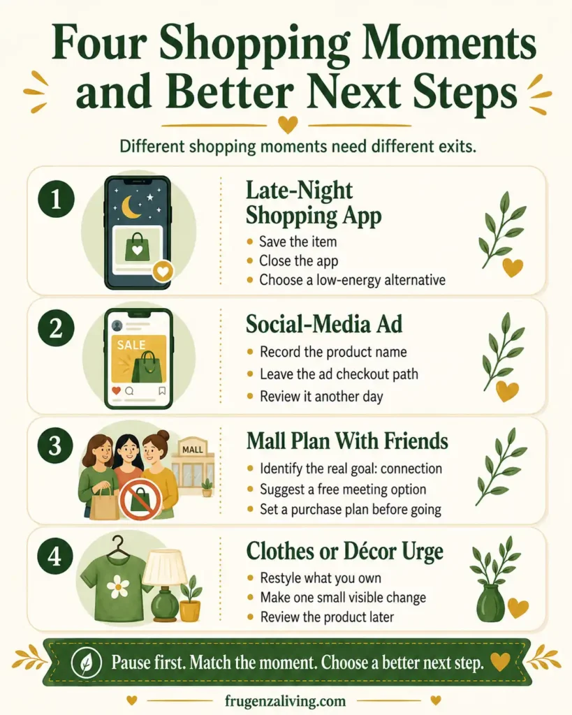Infographic showing better next steps for late-night shopping apps, social media ads, mall plans with friends, and clothes or decor shopping urges
