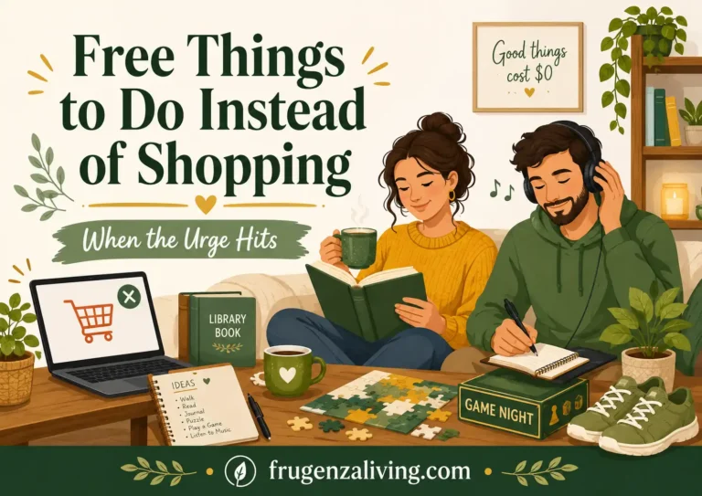 Illustration of free things to do instead of shopping, including reading, journaling, listening to music, playing games, walking, and closing an online shopping cart