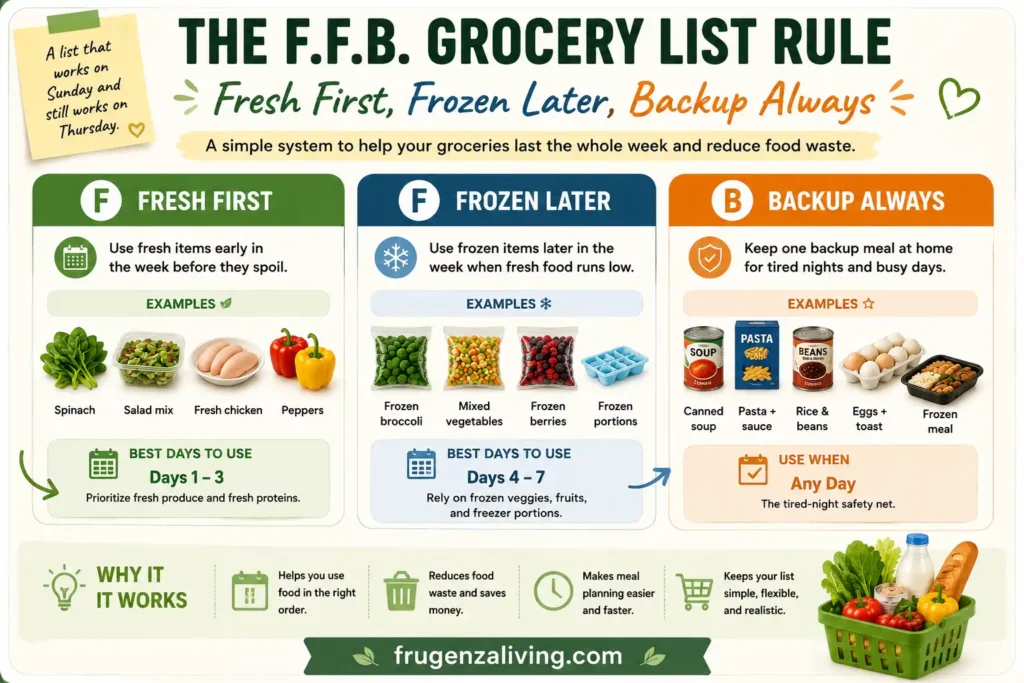 Fresh first frozen later backup always grocery rule for one person showing fresh foods, frozen vegetables, pantry meals, and emergency meals