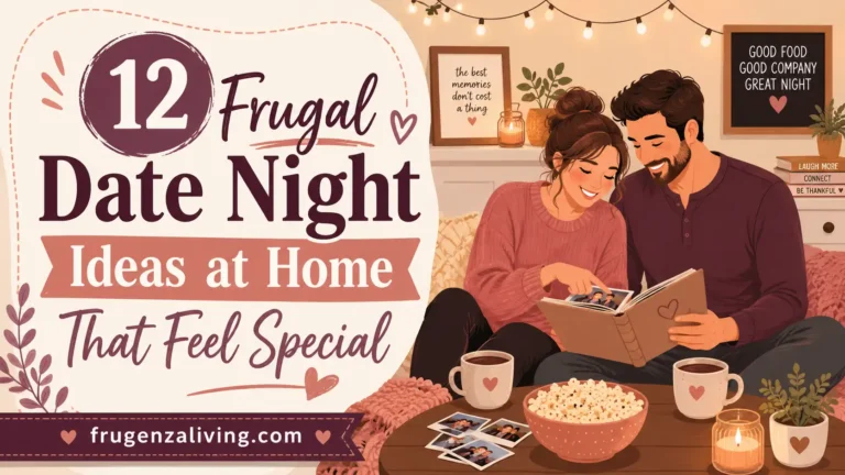 Couple enjoying a cozy frugal date night at home while looking through photos with drinks and snacks already available