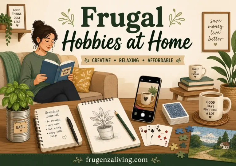 Illustration of frugal hobbies at home including reading, journaling, sketching, smartphone photography, card games, puzzles, and indoor plants