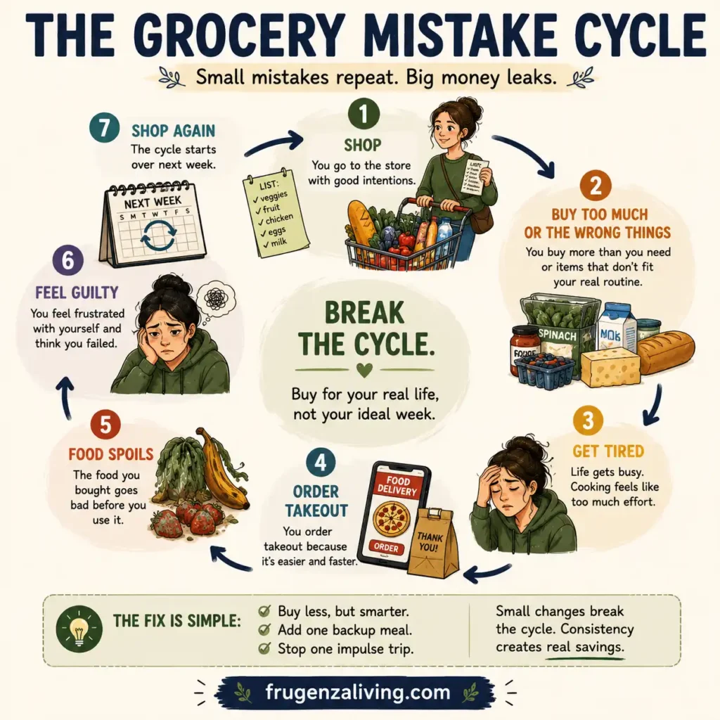 Grocery shopping mistake cycle infographic showing how one person can waste food and money through repeat grocery habits and tired-night takeout