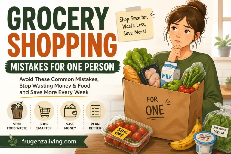 2D illustration of grocery shopping mistakes for one person with a shopper, groceries, food waste, money saving icons, and frugenzaliving.com