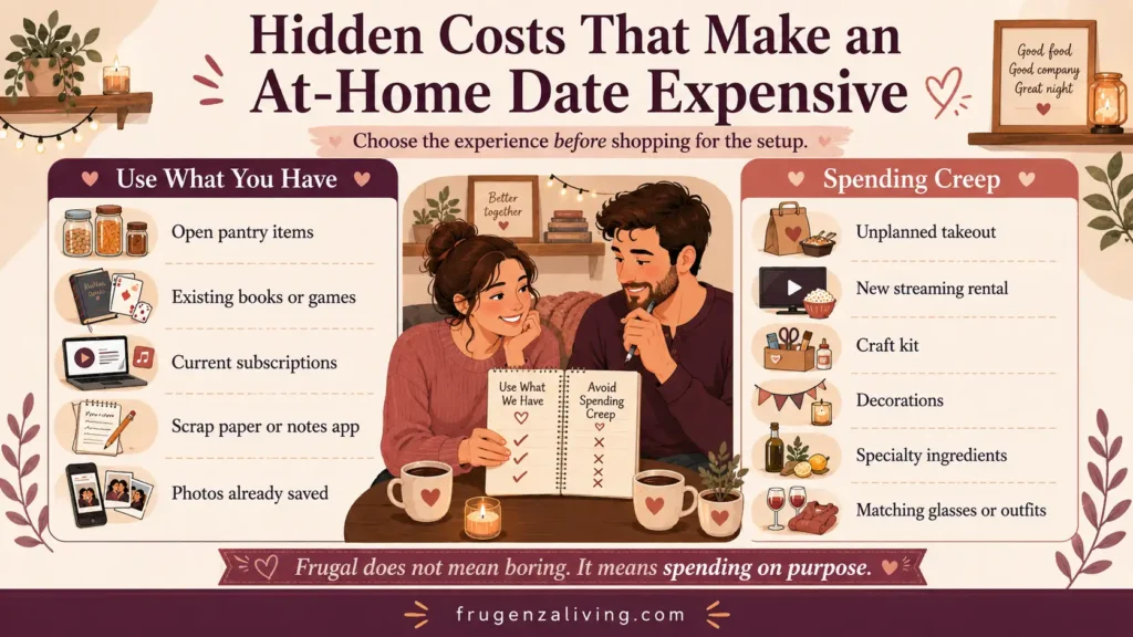 Comparison of using pantry items, books, games, photos, and current subscriptions versus spending on takeout, rentals, craft kits, decorations, and specialty ingredients