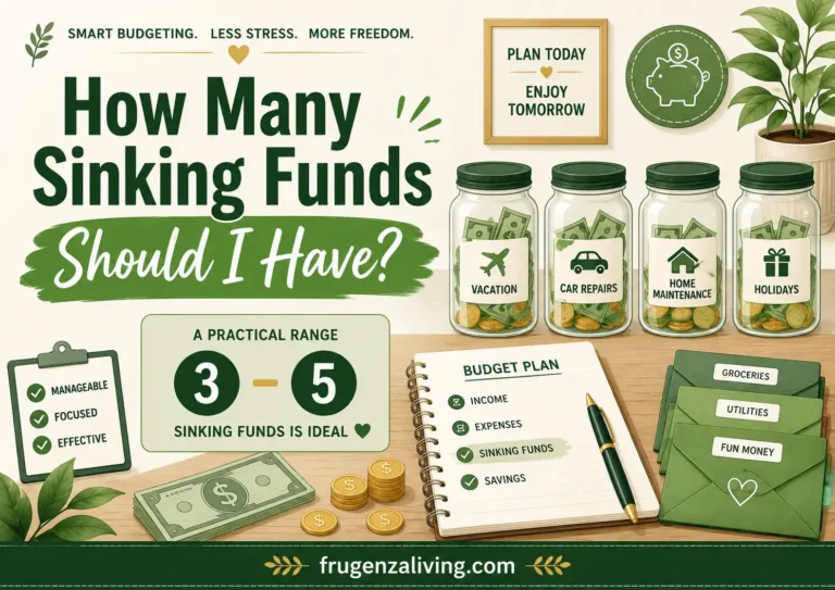 Illustration showing how many sinking funds a beginner should have with 3 to 5 savings jars for vacation, car repairs, home maintenance, holidays, and budget planning