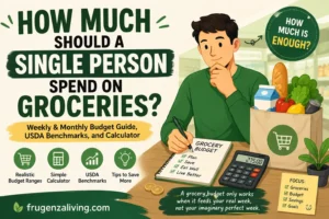 How much should a single person spend on groceries illustration showing weekly and monthly grocery budget planning with calculator and grocery bag