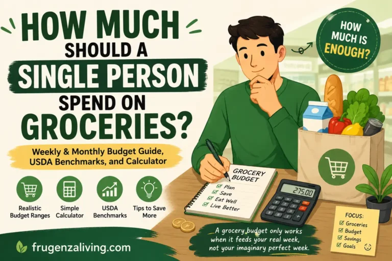How much should a single person spend on groceries illustration showing weekly and monthly grocery budget planning with calculator and grocery bag