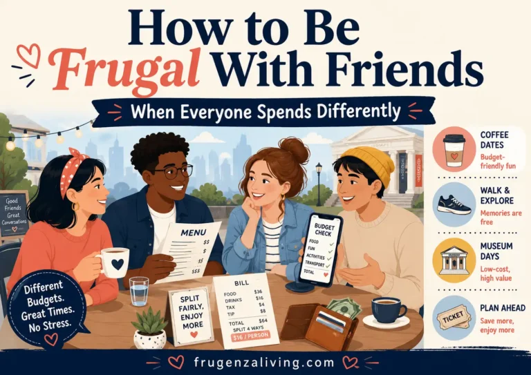 Friends reviewing a restaurant bill and social budget while planning affordable activities and splitting shared costs fairly