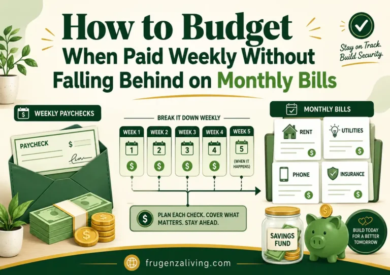 Illustration showing how to budget when paid weekly by organizing weekly paychecks for monthly bills, savings, and spending