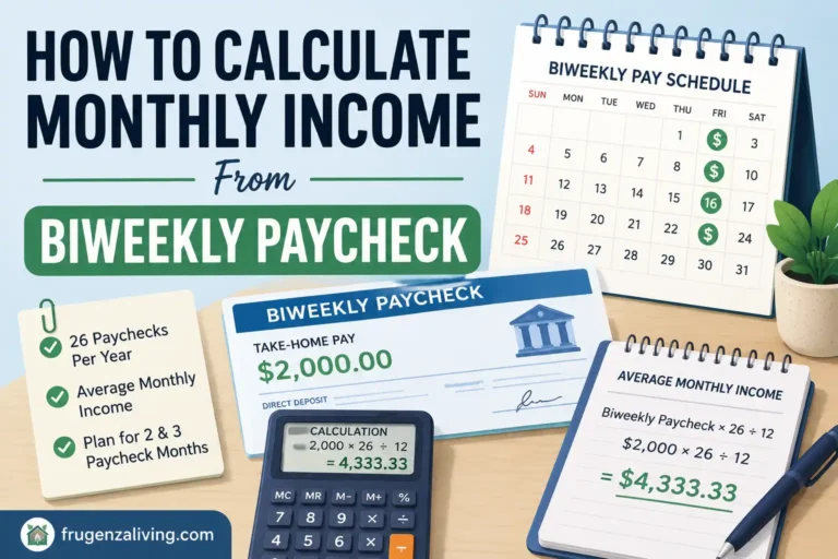 How to calculate monthly income from biweekly paycheck infographic showing 26 paychecks per year, average monthly income formula, calculator, paycheck, and frugenzaliving.com