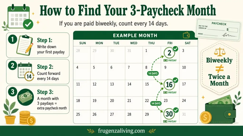 Calendar infographic showing how to find a 3-paycheck month by counting every 14 days when paid biweekly
