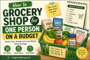2D illustration of how to grocery shop for one person on a budget with grocery basket, checklist, flexible staples, frozen foods, backup meals, and frugenzaliving.com