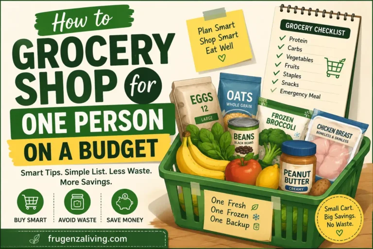 2D illustration of how to grocery shop for one person on a budget with grocery basket, checklist, flexible staples, frozen foods, backup meals, and frugenzaliving.com