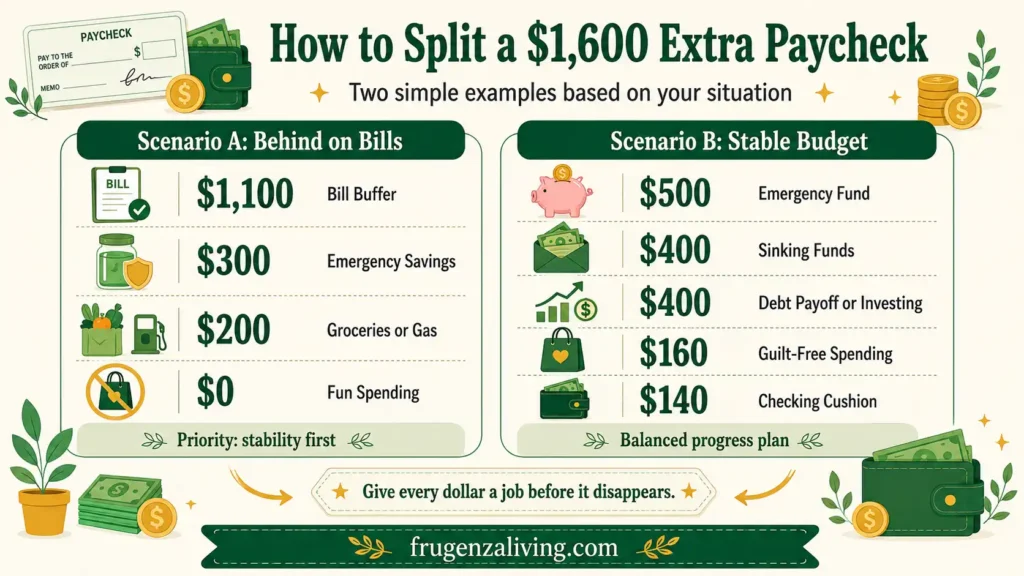 Infographic showing two examples of how to split a $1600 extra paycheck for bills, emergency savings, sinking funds, debt payoff, and spending