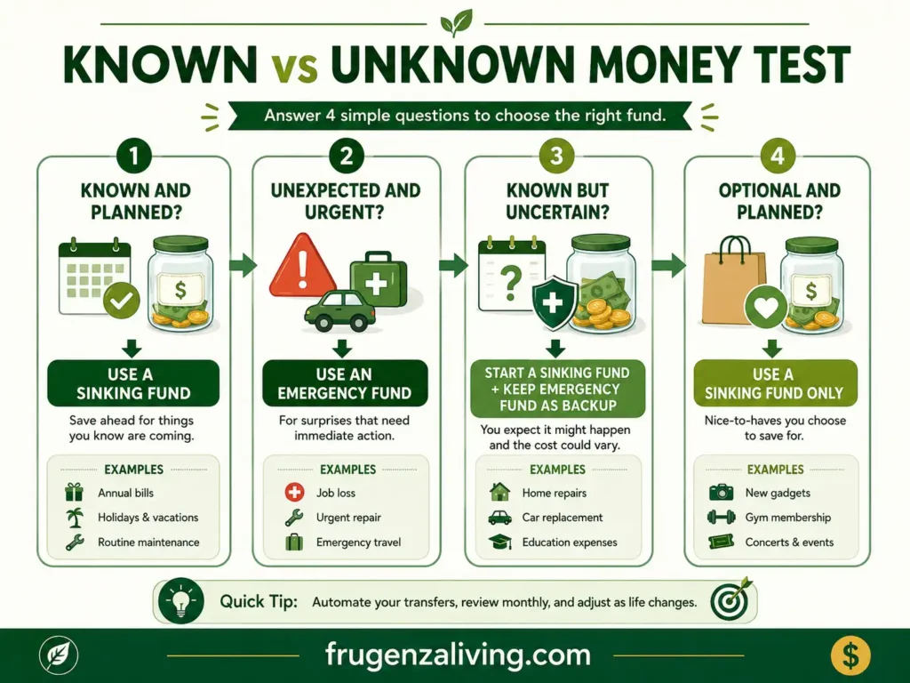 Infographic showing the Known vs Unknown Money Test for choosing between a sinking fund and emergency fund based on planned, urgent, uncertain, and optional expenses