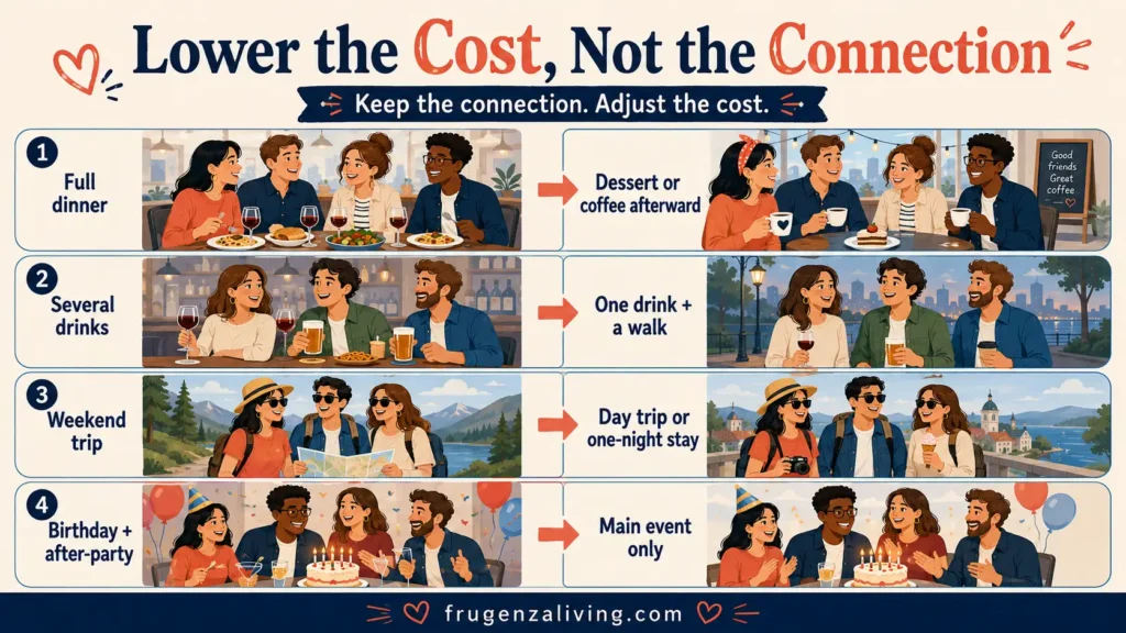 Examples of reducing social costs by choosing dessert instead of dinner, one drink and a walk, a shorter trip, or only the main birthday event
