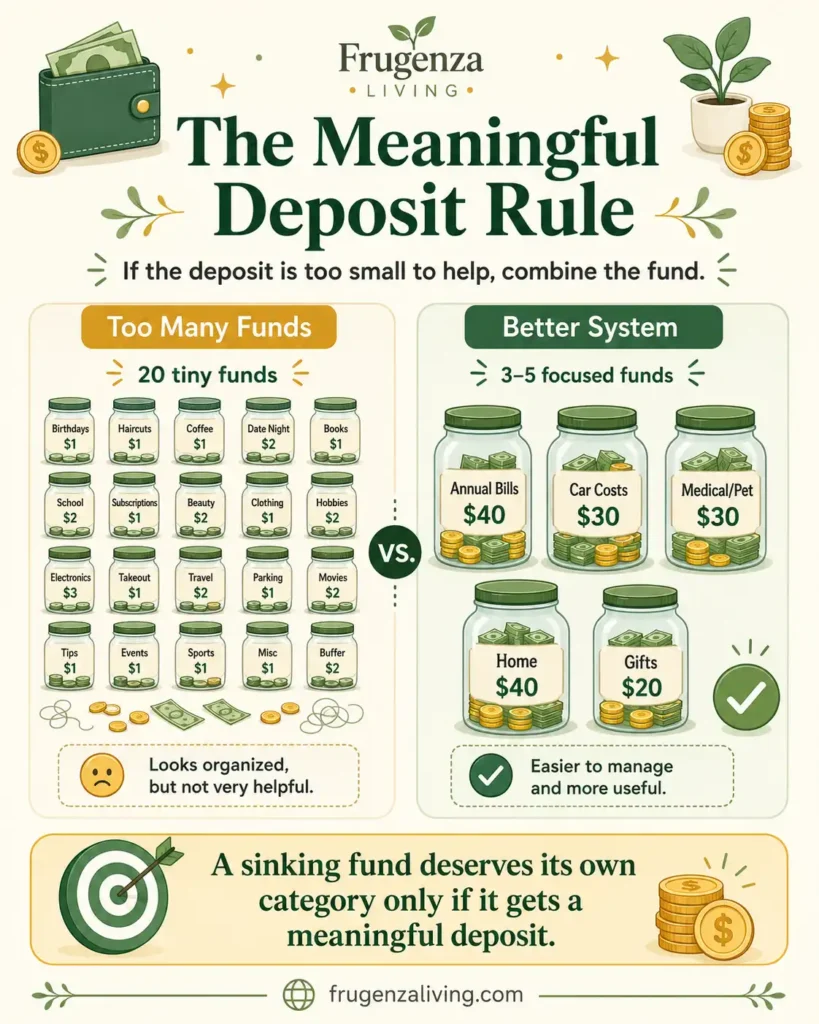 Infographic explaining the Meaningful Deposit Rule for sinking funds, showing why small deposits into too many funds may be less useful than focused savings categories